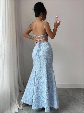 NEW - Baby Blue Mermaid Maxi Dress Open Back Wedding Guest Gown